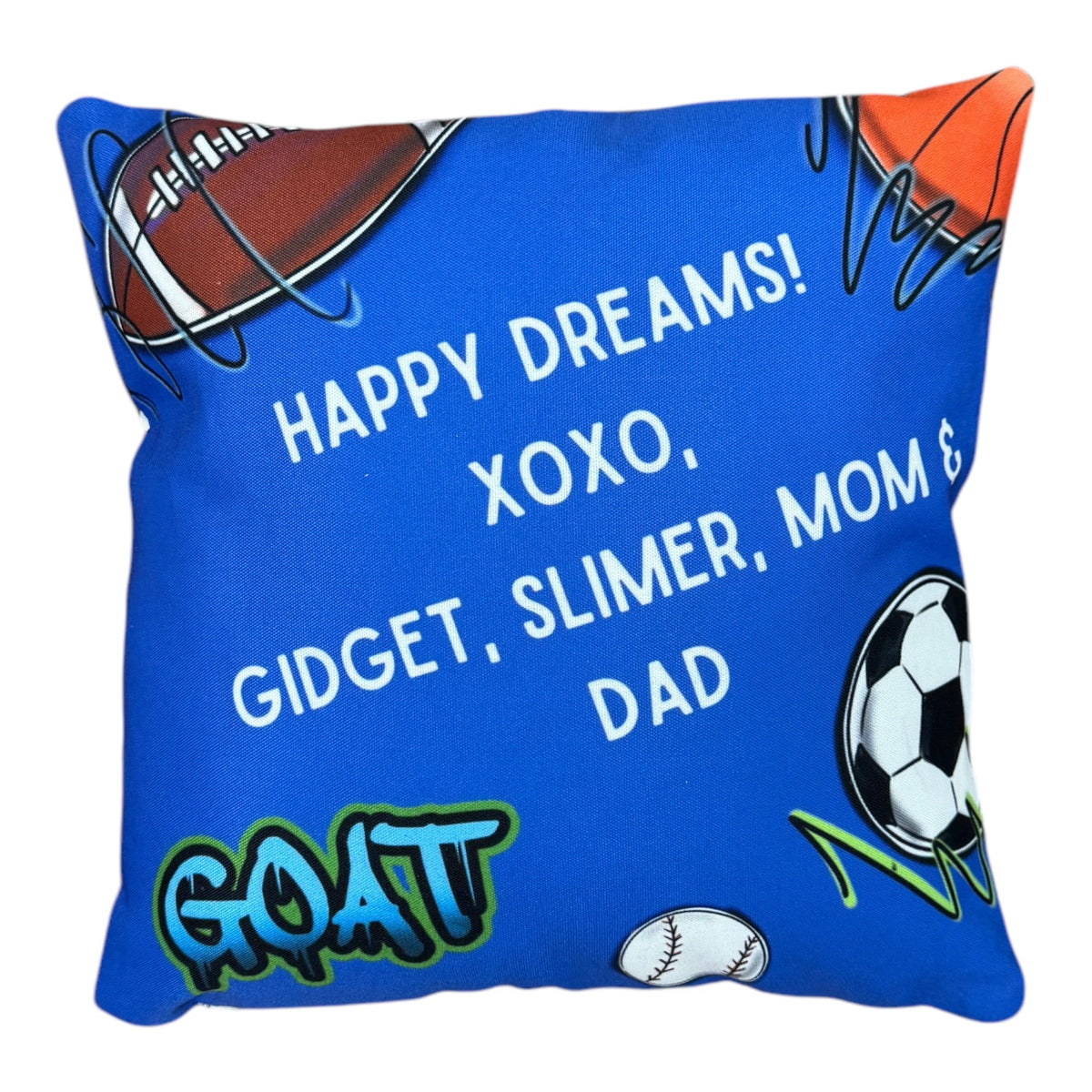 Back of Street Sports Photo and Note Pillow in bright blue with personalized text reading HAPPY DREAMS XOXO GIDGET SLIMER MOM & DAD surrounded by sports graphics including football, basketball, soccer ball and baseball