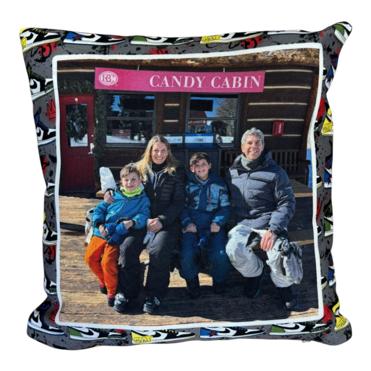 Graffiti Sneakers Photo Pillow with family photo in center surrounded by colorful graffiti sneaker pattern border on gray background