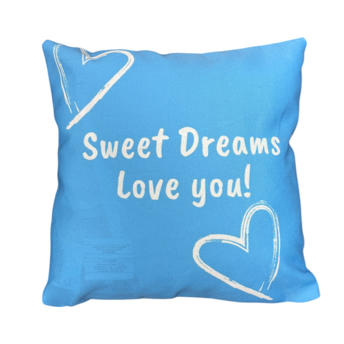 Back of blue painted hearts pillow with white text reading Sweet Dreams Love you and hand-drawn heart designs on sky blue background