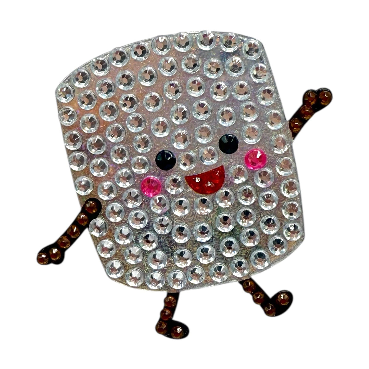 Marshall the Marshmallow rhinestone sticker with clear sparkly gems, black eyes, red smile, pink rosy cheeks, and brown arms and legs on white puffy marshmallow body