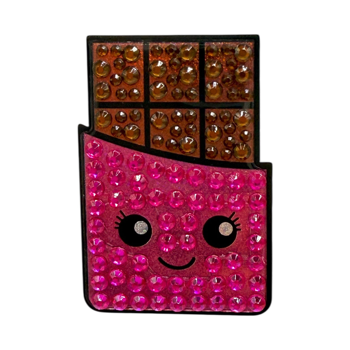 Barrie the Chocolate Bar rhinestone sticker with bright pink wrapper and sparkly brown chocolate squares with kawaii face