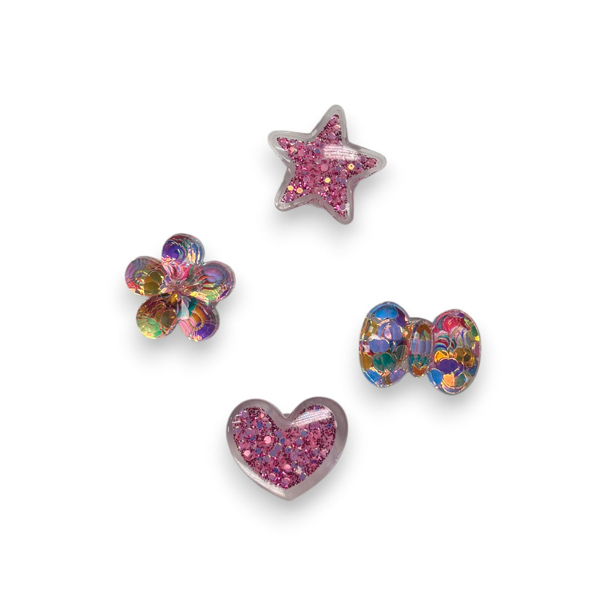 Hot Pink Shimmery Shoe Charm set with a glittery star, heart, flower and bow