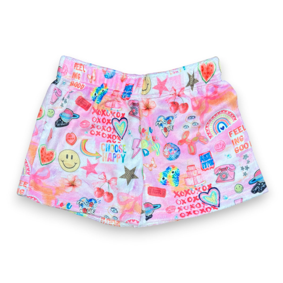 Happy Collage Loungewear Shorts, plush pink with smileys, cherries, hearts and "Feeling good" icons