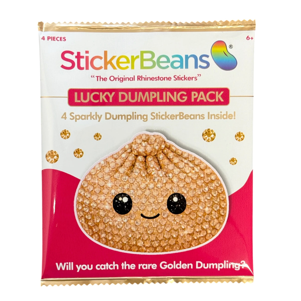 Lucky Dumpling Pack blind bag with golden rhinestone-covered dumpling with cute face on pink background, StickerBeans original rhinestone stickers for camp