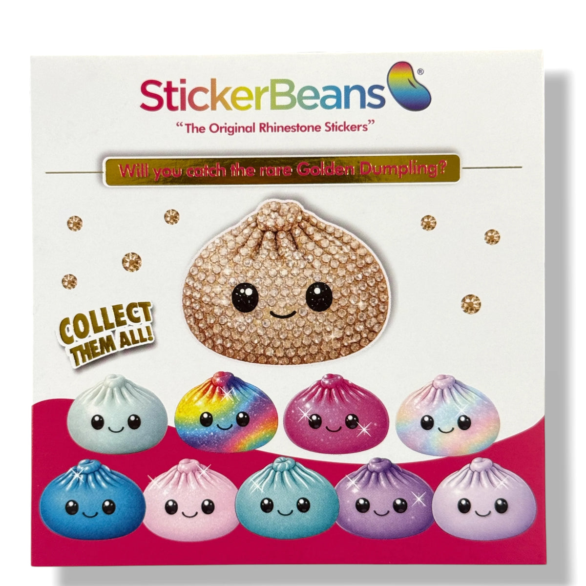 Back of StickerBeans Dumpling Surprise pack showing golden rhinestone dumpling and collection of colorful dumpling designs including rainbow, pink, blue and purple dumplings with cute faces