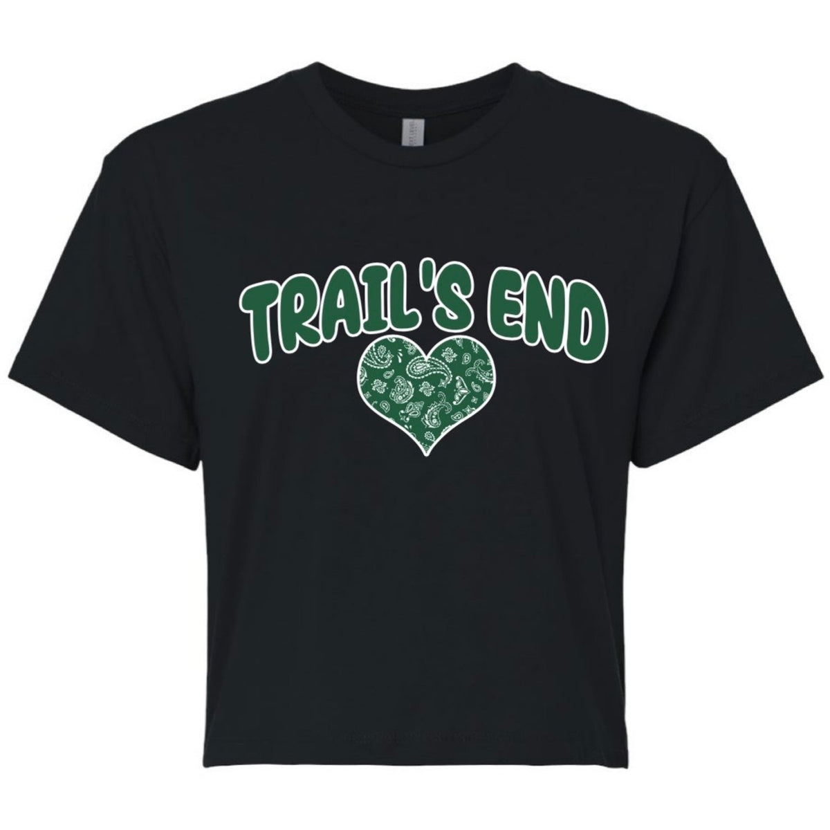 Bandana Heart Camp Tee, black cropped tee with green camp name and bandana heart