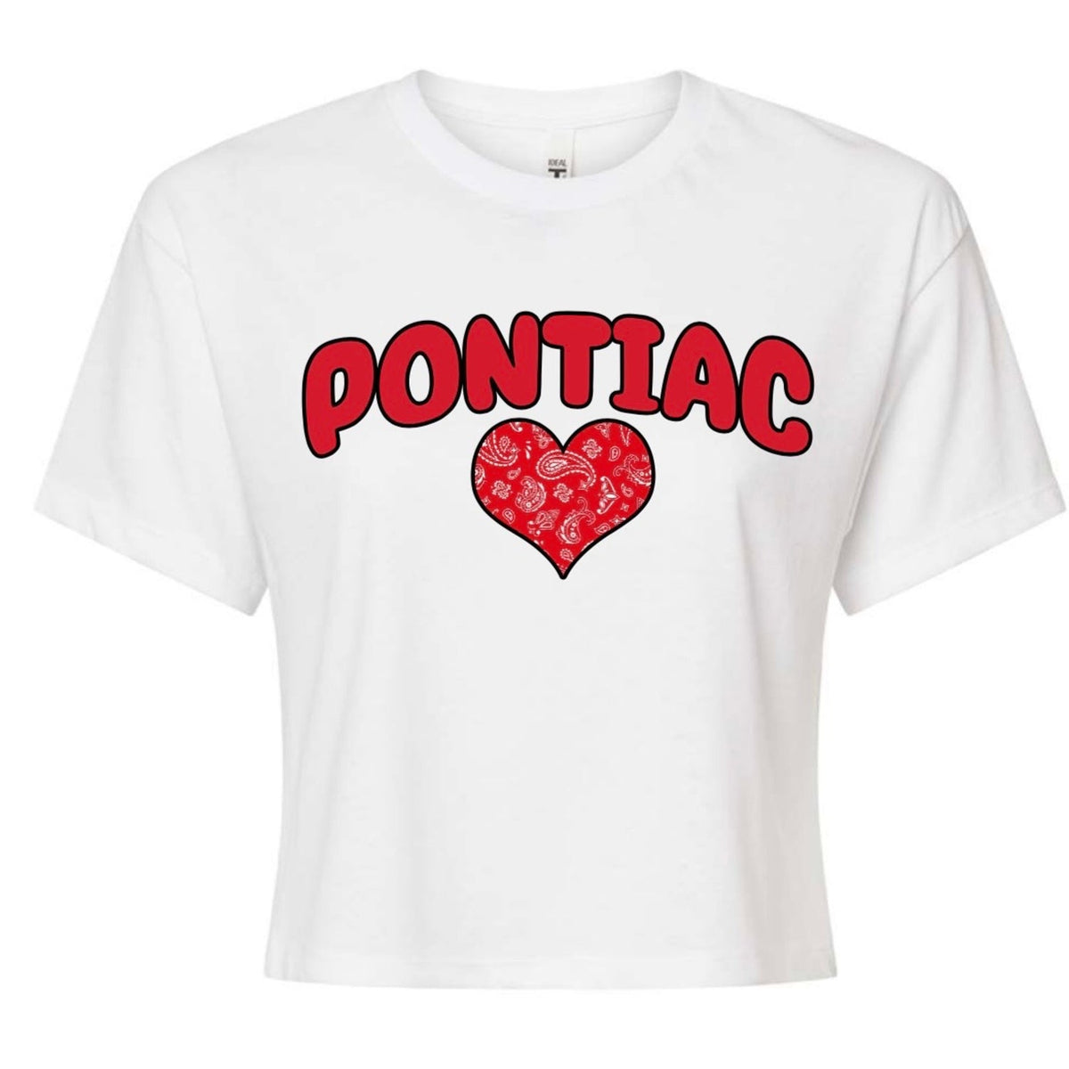 Bandana Heart Camp Tee, white cropped tee with red camp name and bandana heart
