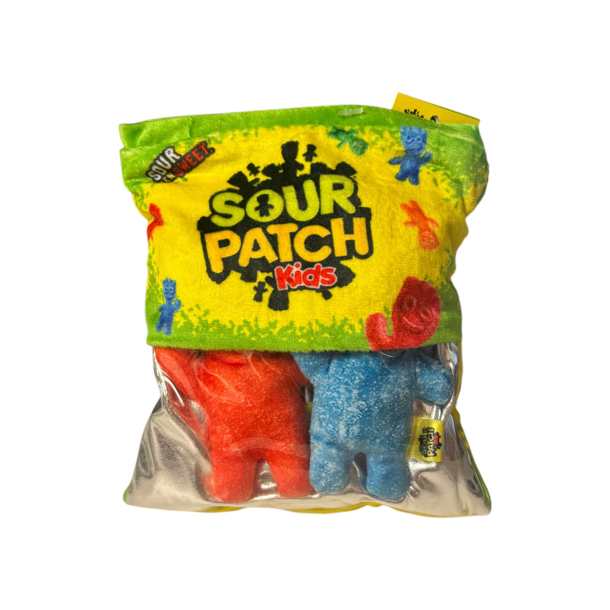 Mini Sour Patch Kids Plush: plush bag with red and blue Sour Patch Kids inside a yellow and green wrapper