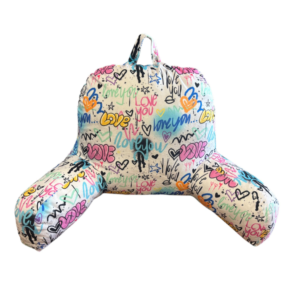 Camp boyfriend pillow in a Love You graffiti print with colorful love and heart doodles
