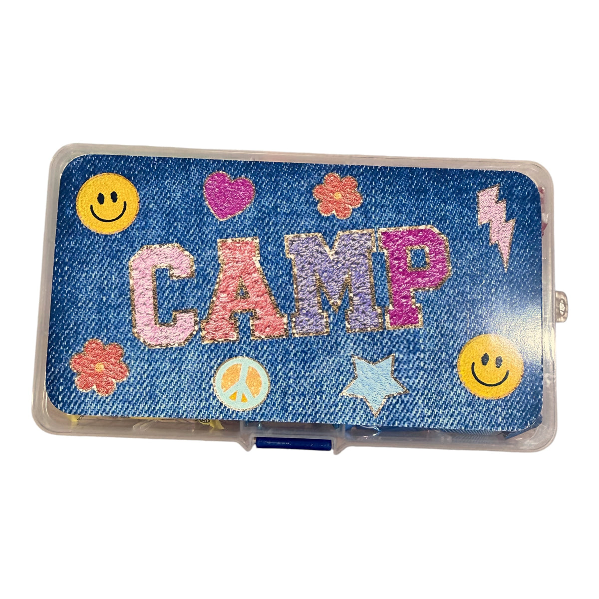 Denim Patches Small Candy Box with clear plastic case featuring blue denim background with colorful embroidered patches including yellow smiley faces, pink heart, coral flower, peace sign, and CAMP text