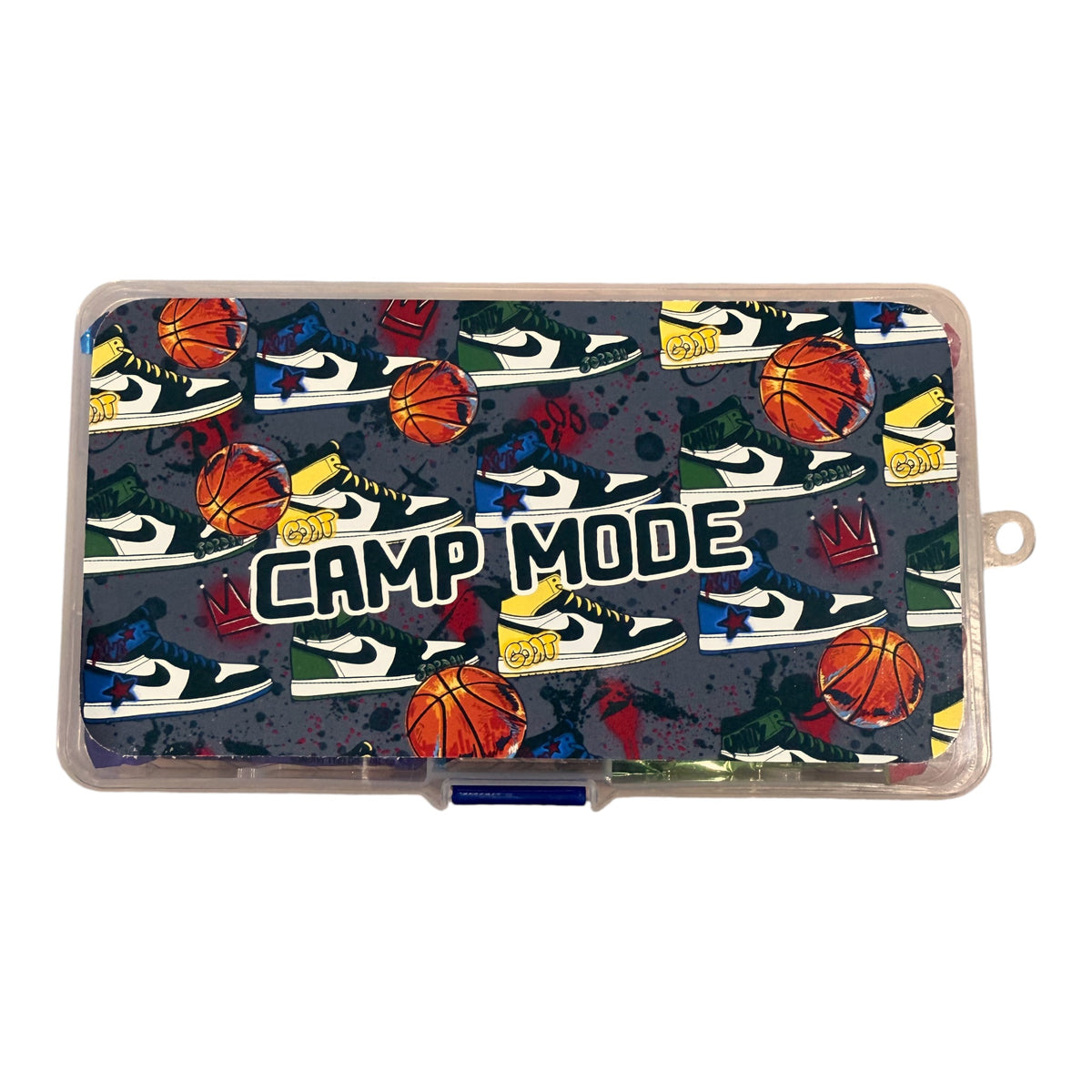 Graffiti Sneakers small candy box with colorful sneakers and basketballs design in clear plastic case with blue pen