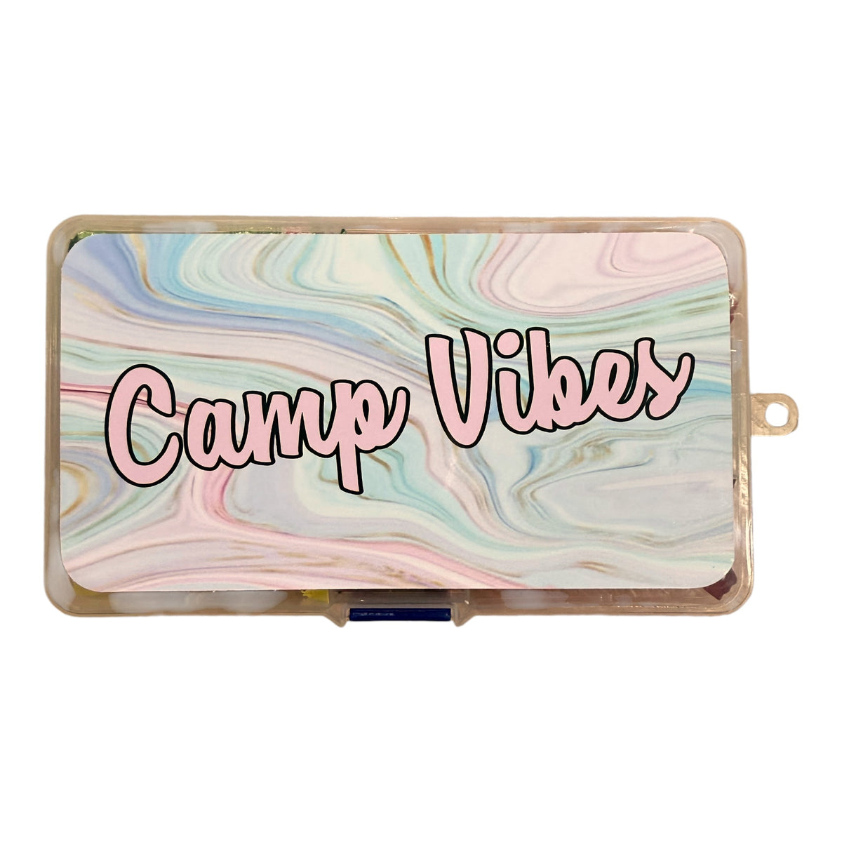 Marble Luxe Small Candy Box with pastel swirled marble pattern in pink, blue, mint green and cream with Camp Vibes text on clear plastic case