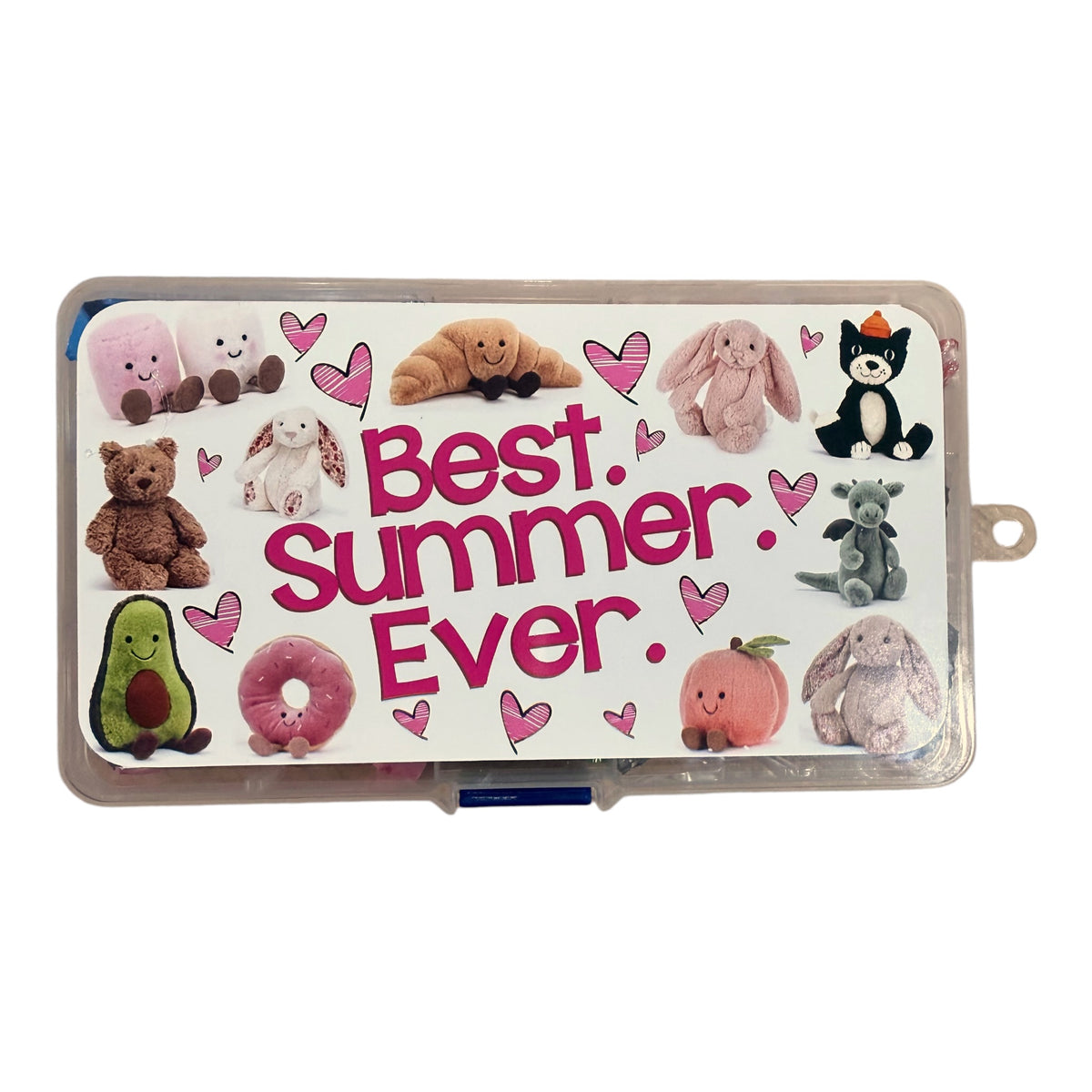 Jellycat Small Candy Box featuring assorted colorful plush toys including pink jellyfish, brown croissant, pink bunny, black cat, avocado, donut, peach, and other cute characters on white background with Best Summer Ever text and pink hearts