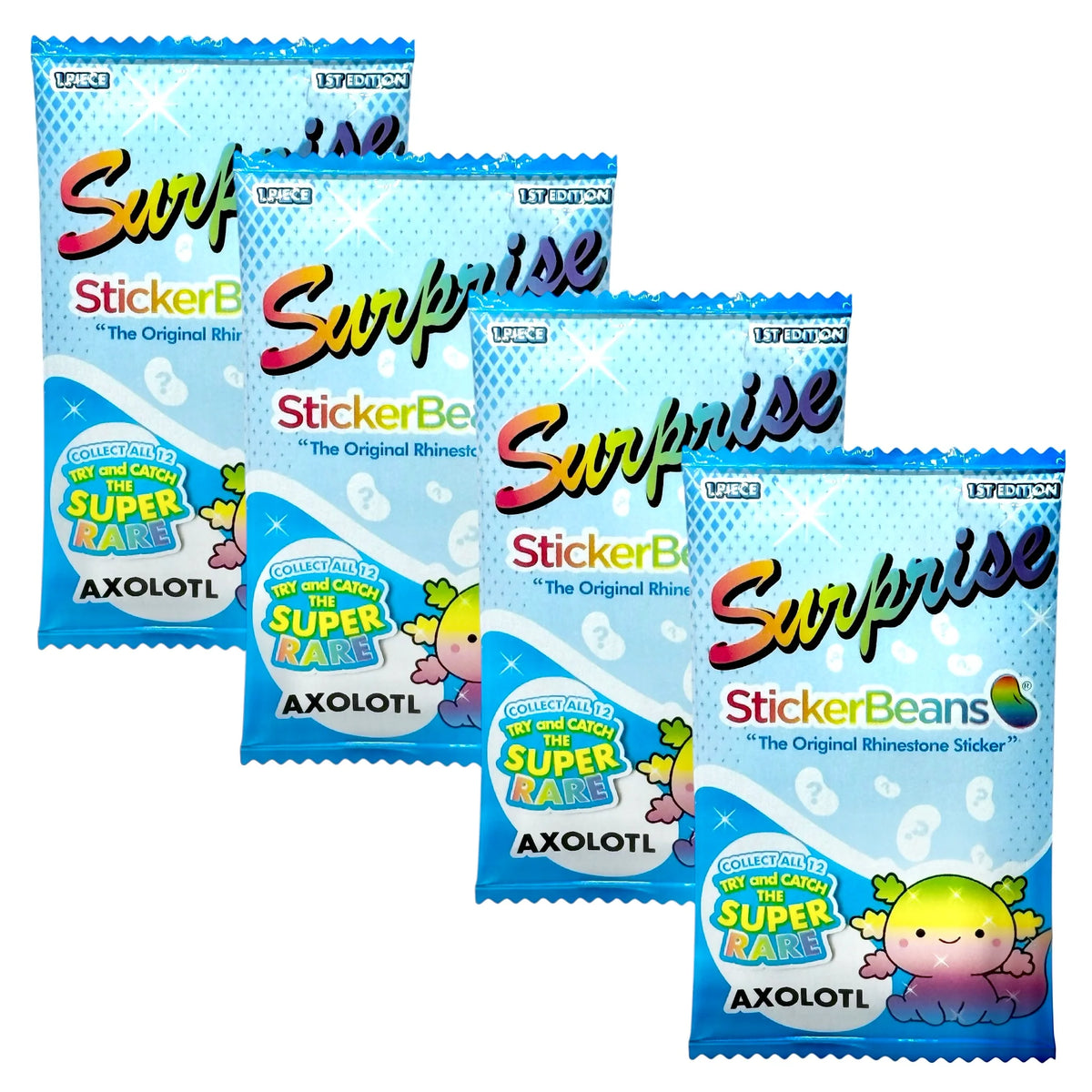 Four SURPRISE! StickerBeans blind packs in blue with an axolotl, Super Rare callout and rainbow lettering