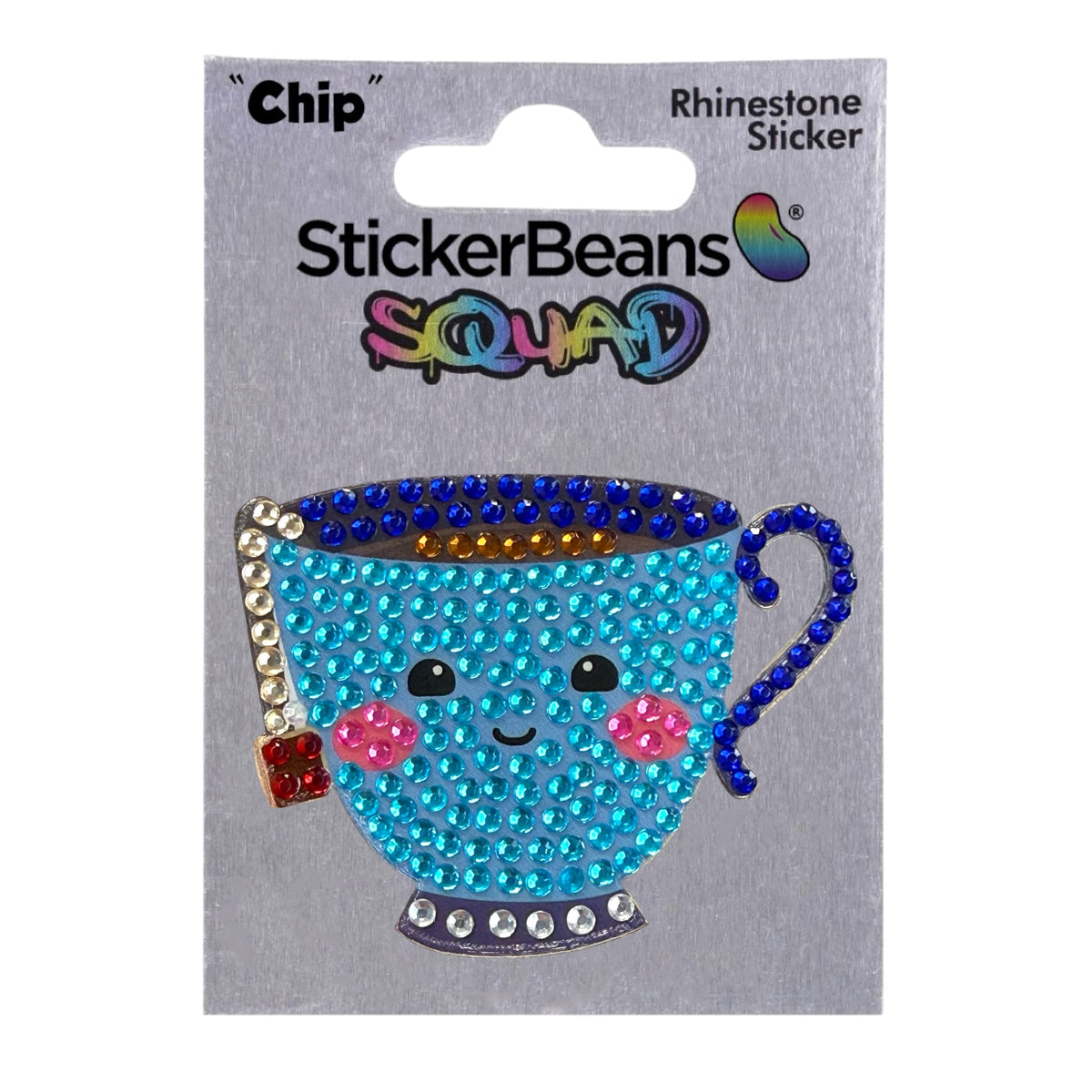 Chip Stickerbean Squad on card: smiling blue teacup rhinestone sticker with a tea bag