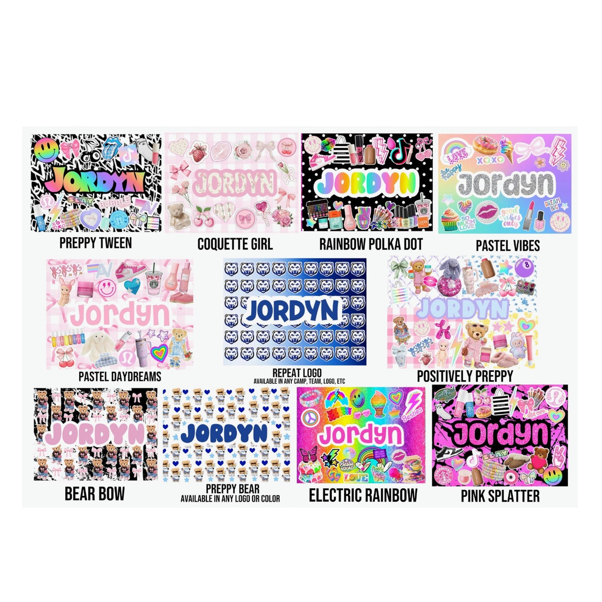 Four oversized jersey hoodies flat lay showing pink patterns, peace signs, NFL sports themes and brick wall designs with custom names