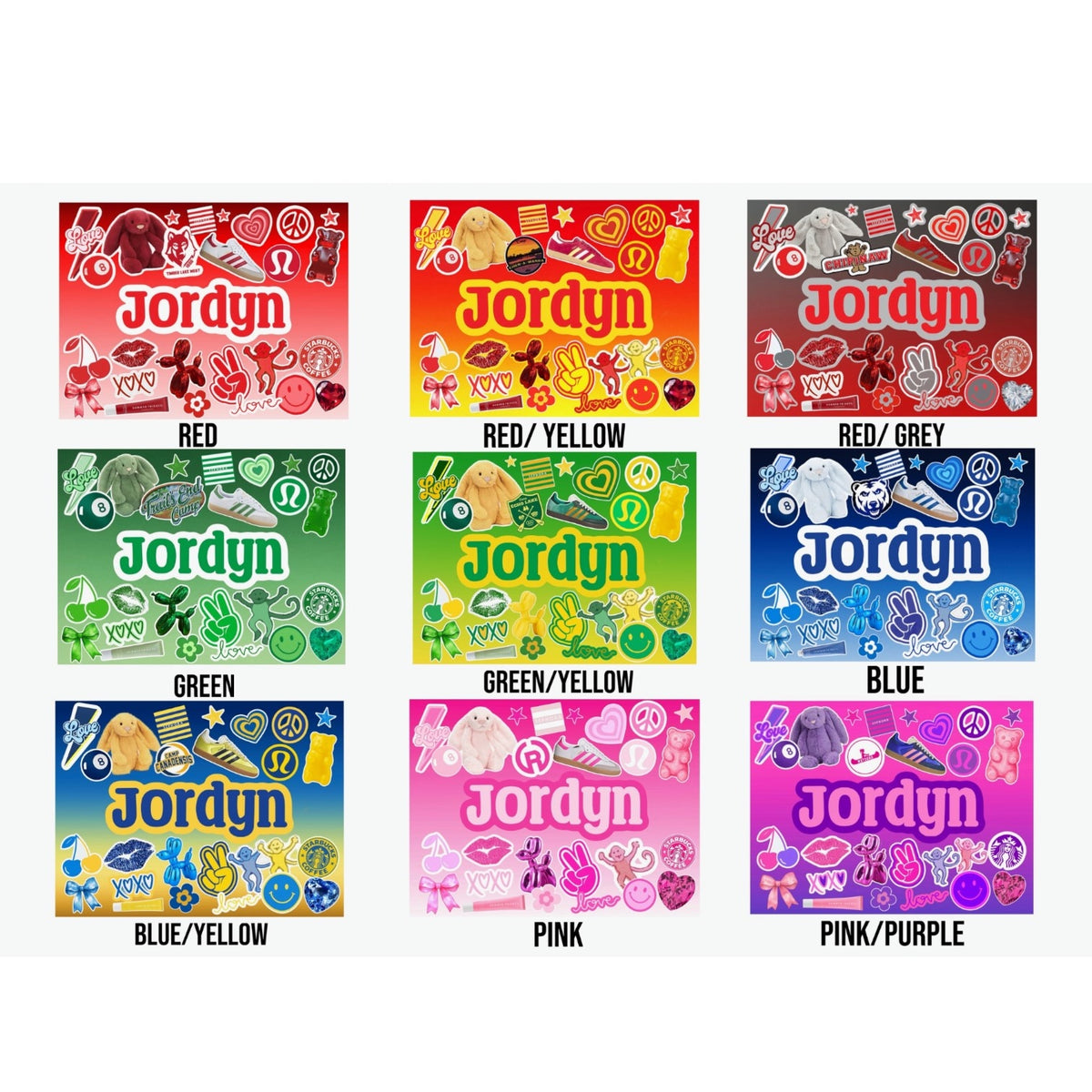 Flat lay of ten personalized oversized hoodies showing custom names Jordyn and Braden in camouflage, tie-dye, NFL and sports patterns