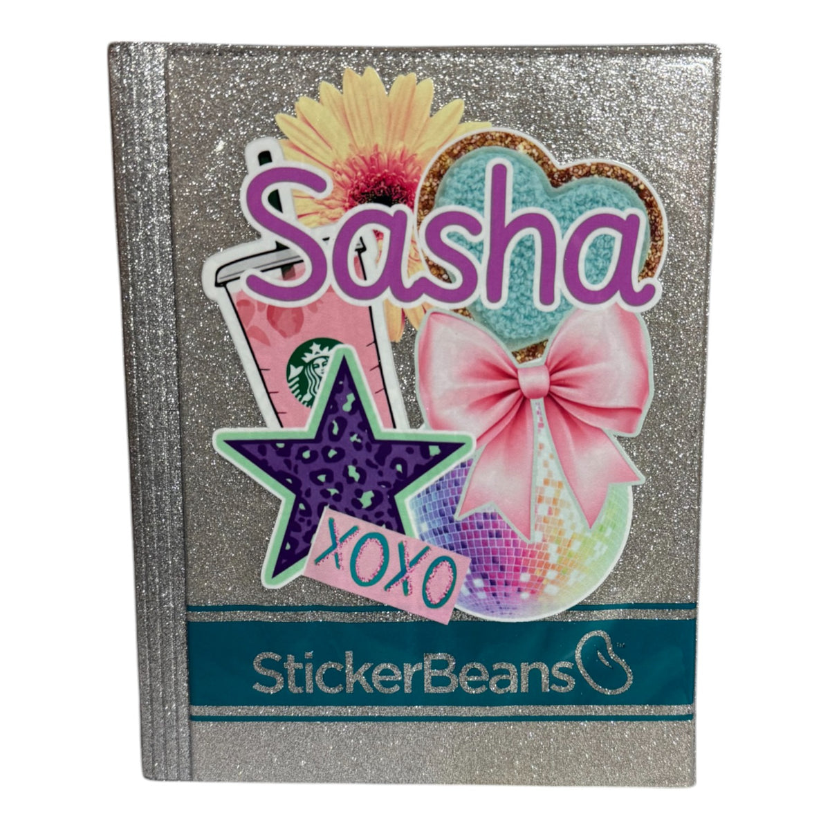 Posh Spice StickerBean Book with glittery silver cover featuring Sasha name personalization, yellow daisy, pink bow, purple star, rainbow holographic circle, teal heart with leopard trim, and XOXO text on sparkly background