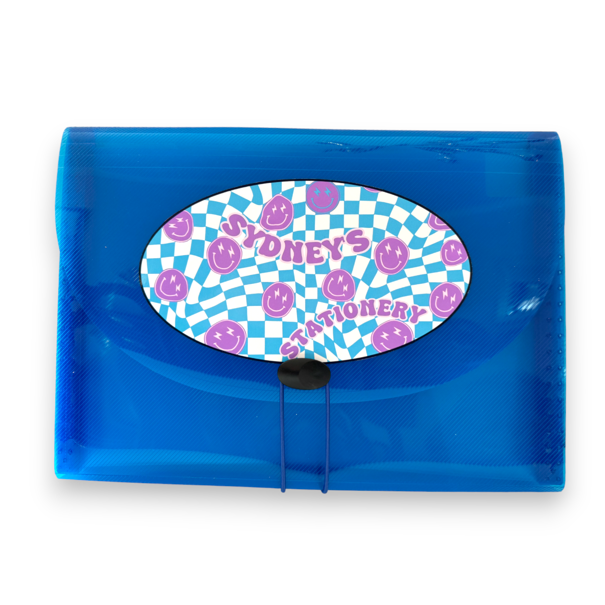 Checkered Smileys 7-Pocket File in translucent blue with oval label featuring blue and white checkered pattern and purple smiley faces