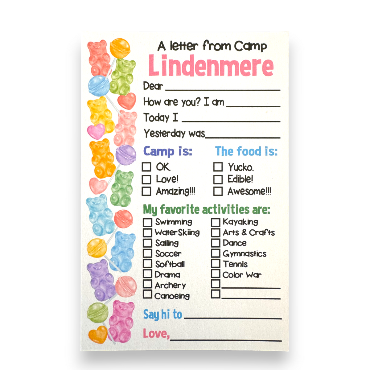 Gummy Check-Box Fill-In Notecards Camp Notecards – letters FROM camp notecards (8 cards + 8 envelopes) for sleepaway/overnight camp by Bee Bee Designs