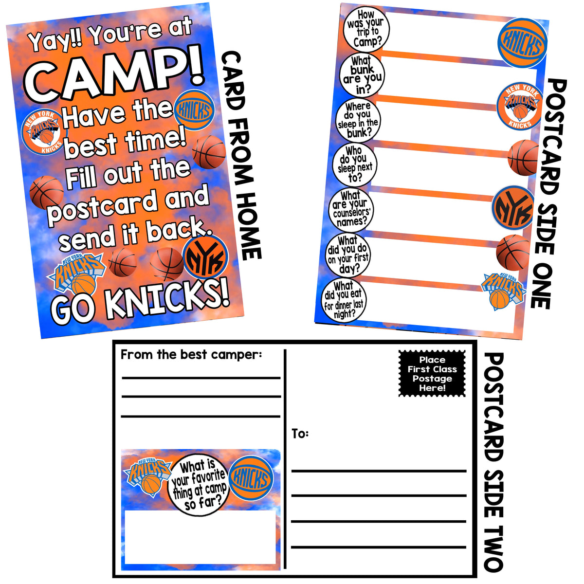 Knicks First Letter to Camp postcard set featuring orange and blue basketball themed design with NY Knicks logos, front card says Yay You're at Camp Have the best time Fill out the postcard and send it back Go Knicks, postcard side shows fill-in questions about camp bunk counselors and first day activities