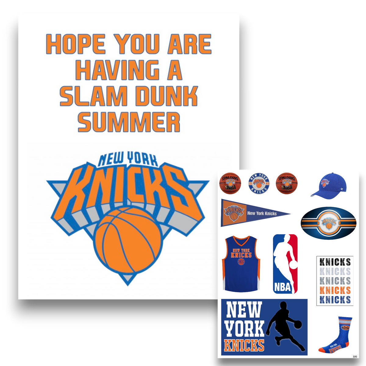 New York Knicks Cling It card with repositionable vinyl stickers featuring orange and blue Knicks logo, basketball jerseys, pennant, cap, NBA logo, socks and team graphics for camp bunk decoration