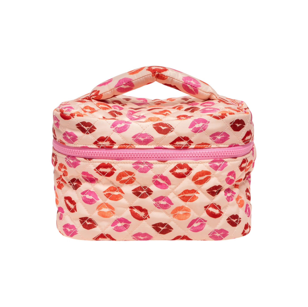Lips Cosmetic Travel Bag: peach quilted makeup case covered in pink and red kiss prints with a pink zipper
