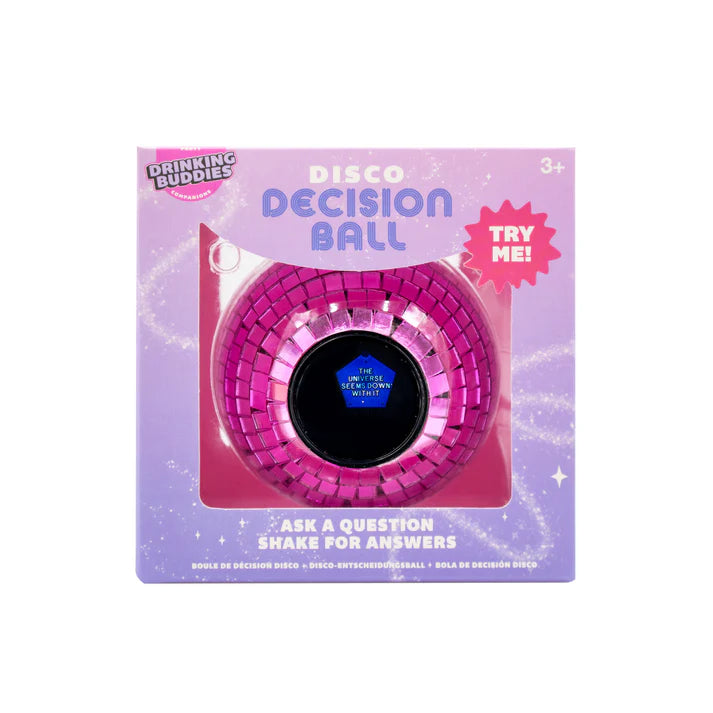 Disco Decision Ball in its purple box labeled Ask a Question, Shake for Answers, with a Try Me sticker