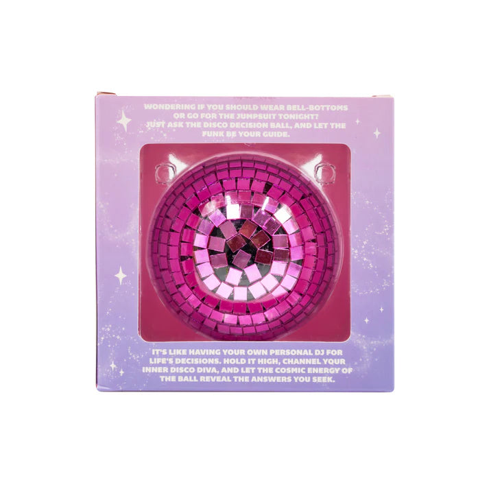 Back of the Disco Decision Ball purple box showing the pink disco ball through a window