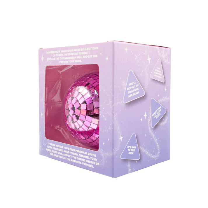 Side view of the Disco Decision Ball purple gift box with a window and answer triangles