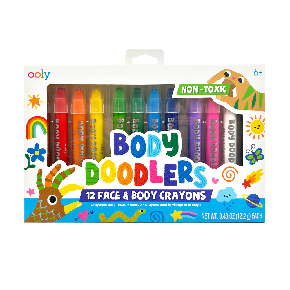 Body Doodlers 12 pack face and body crayons in bright colors including red, orange, yellow, green, teal, blue, purple, pink and black with non-toxic label and colorful doodle designs on white packaging