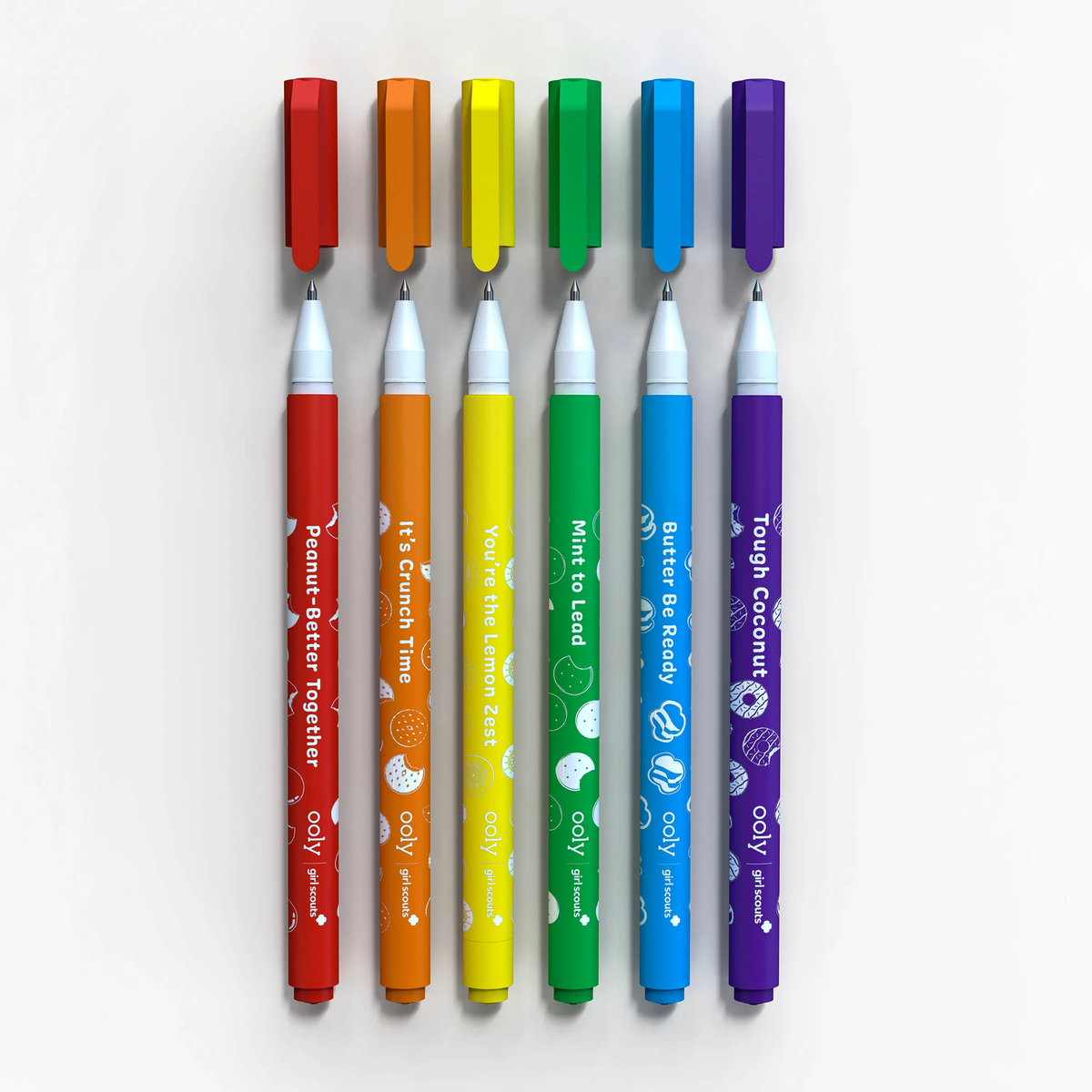 Six Girl Scouts Cookie Scented Gel Pens in red, orange, yellow, green, blue and purple with cookie names