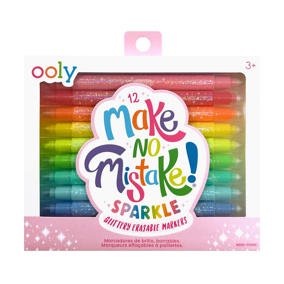 Make No Mistake Sparkle Glittery Erasable Markers package showing 12 colorful markers in pink, purple, blue, green, yellow, orange rainbow arrangement with cloud-shaped logo by Ooly