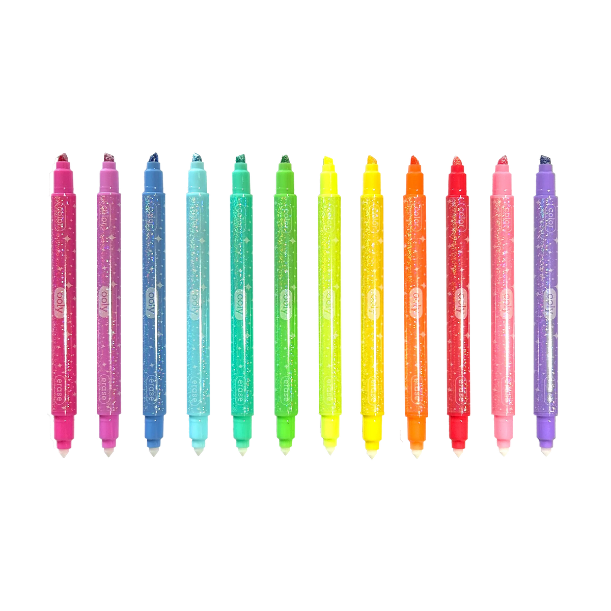 Set of 12 Make No Mistake glitter erasable markers displayed in a row showing full range of shimmery colors from pink to purple including dual-ended marker tips