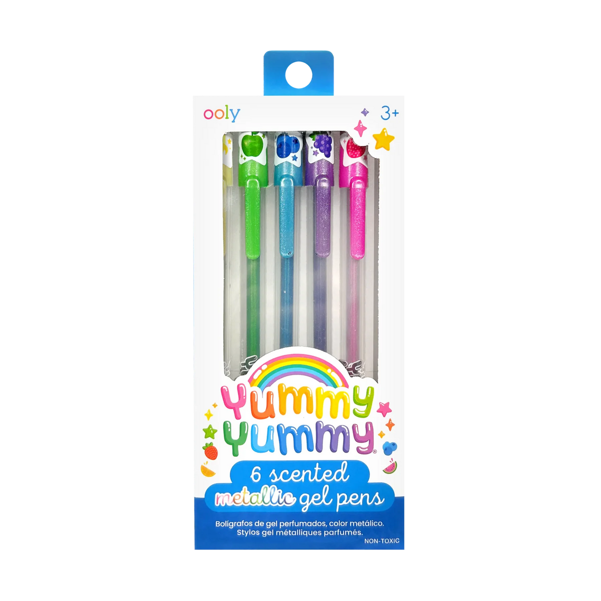 Yummy Yummy 6-pack scented metallic gel pens in colorful package with rainbow design showing green, blue, purple and pink glitter pens with fruit icons