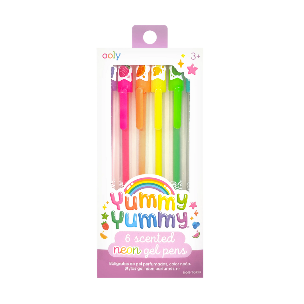 Yummy Yummy 6 scented neon gel pens in pink, orange, yellow, and green in clear packaging with rainbow and fruit icons on white cardboard display