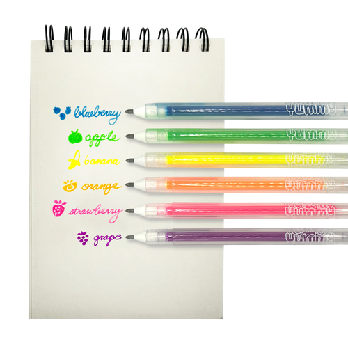 Six Yummy Yummy scented neon gel pens displayed on spiral notebook showing blueberry, apple, banana, orange, strawberry, and grape with corresponding fruit icons and colored ink barrels