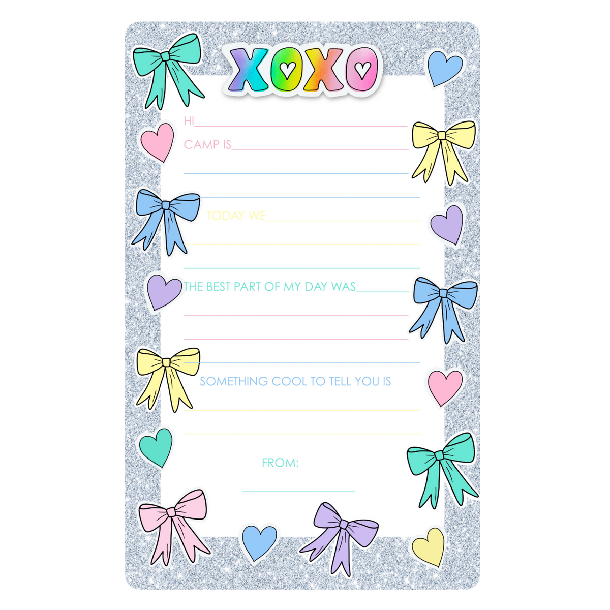 XOXO Glitter Fill-In camp notepad with a silver glitter border, pastel bows and hearts, Hi and Camp is prompts