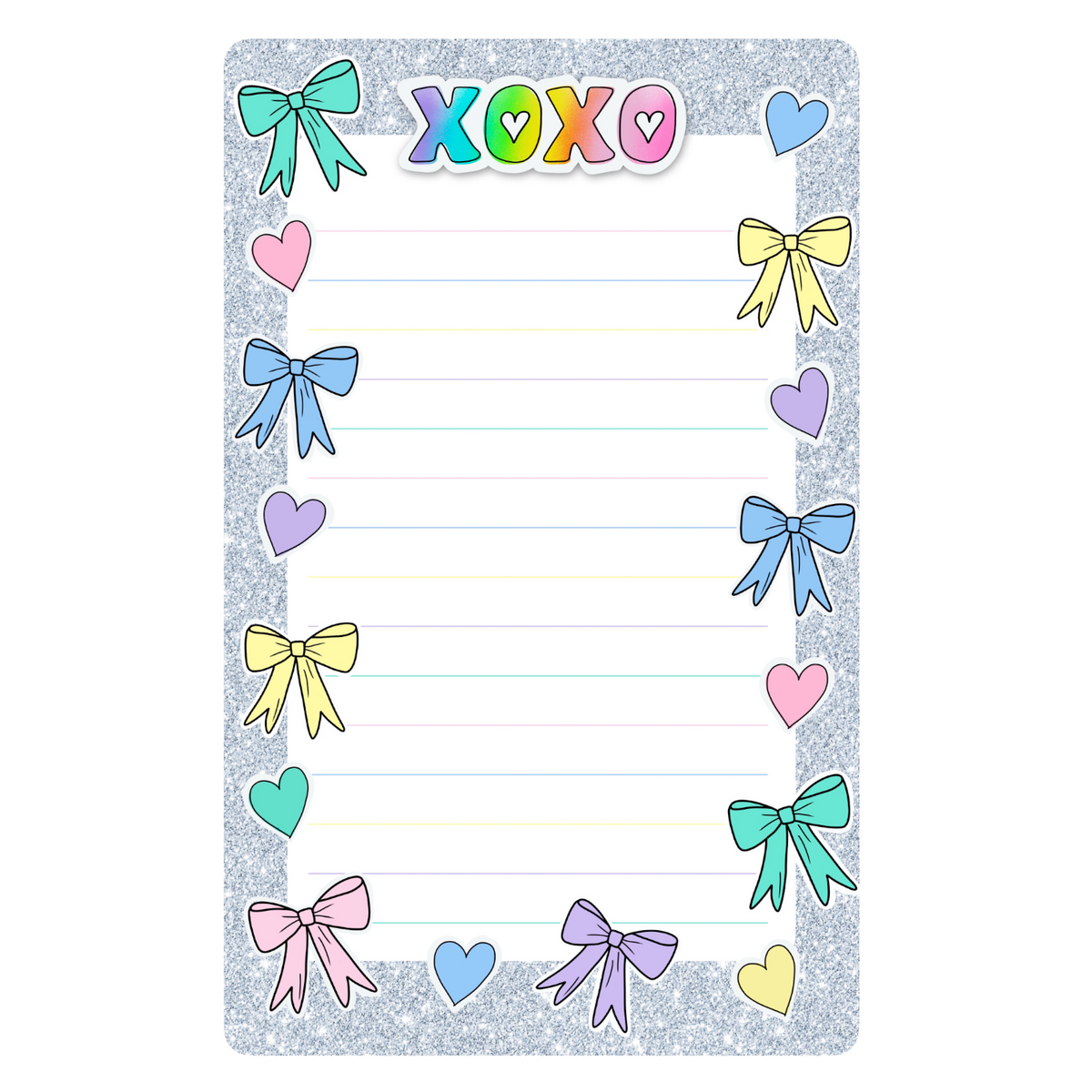 XOXO Glitter lined camp notepad with a silver glitter border, pastel bows, hearts and rainbow XOXO