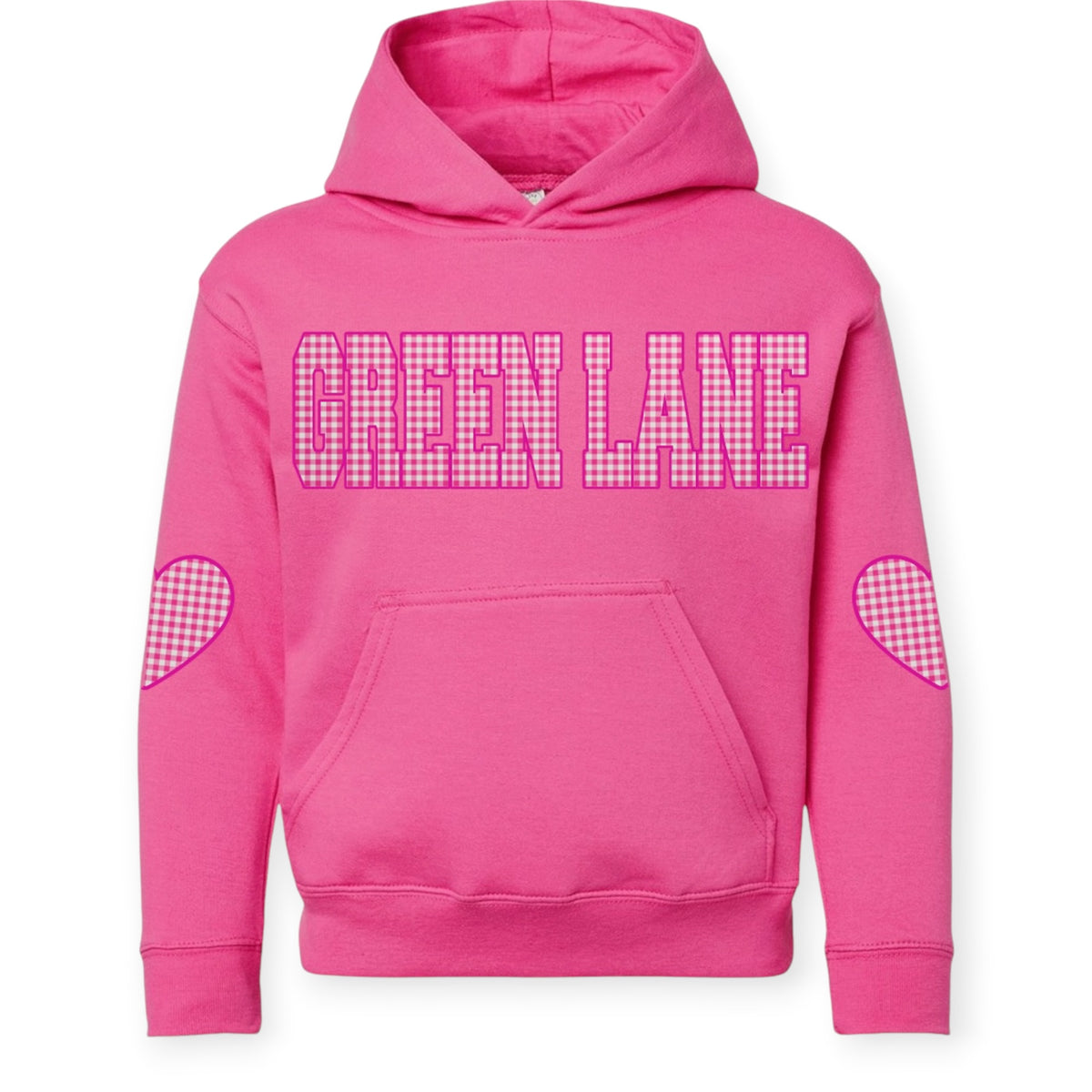 Hot pink gingham heart camp hoodie with GREEN LANE personalized text in pink and white gingham letters, showing soft fleece fabric and heart elbow patch detail