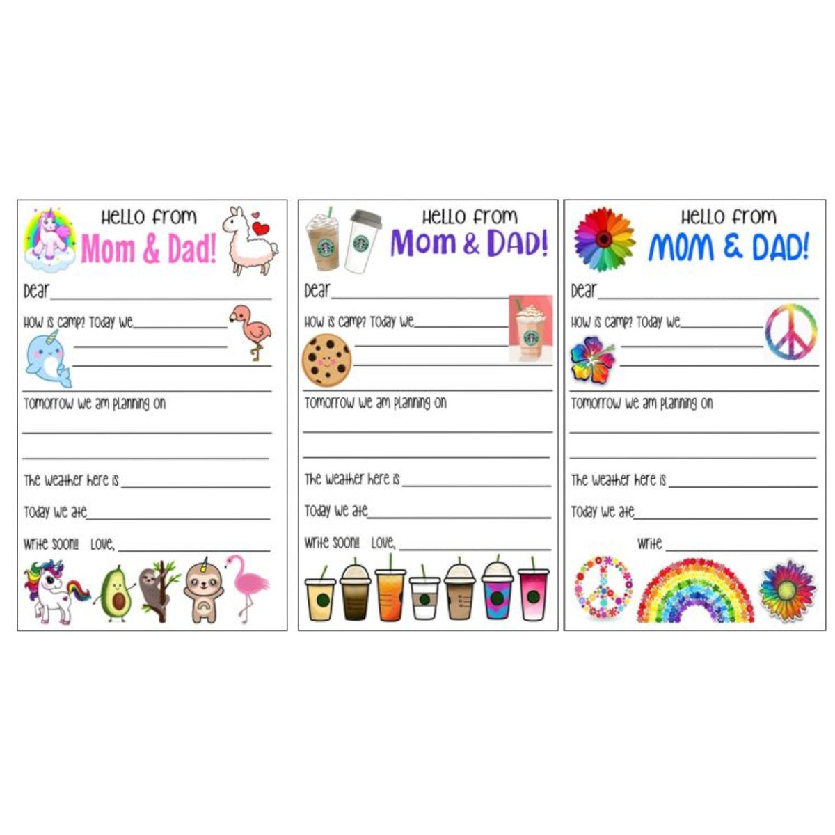 Rainbows and Fraps Mom and Dad Fill-In Notecards (PP-27) – letters TO camp notecards (6 cards, 3 designs) for sleepaway/overnight camp by Bee Bee Designs