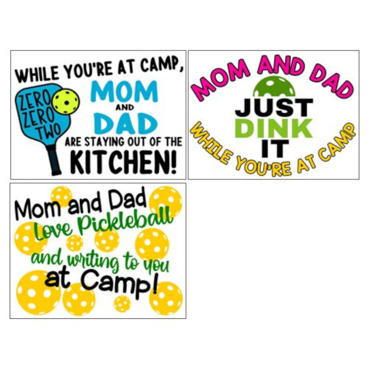 Pickleball Parents Notecards (PP-36) – letters TO camp notecards (6 cards, 3 designs) for sleepaway/overnight camp by Bee Bee Designs