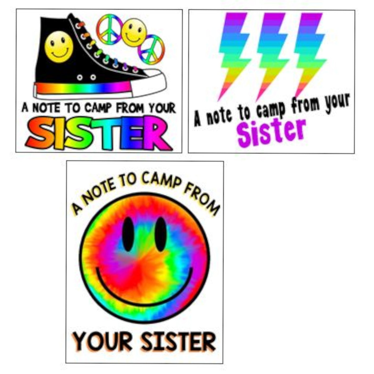 Rainbow Tie Dye Sis Notecards (PP-48) – letters TO camp notecards (6 cards, 3 designs) for sleepaway/overnight camp by Bee Bee Designs