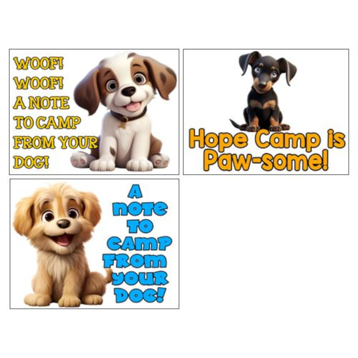 Pup Pup Notecards (PP-52) – letters TO camp notecards (6 cards, 3 designs) for sleepaway/overnight camp by Bee Bee Designs