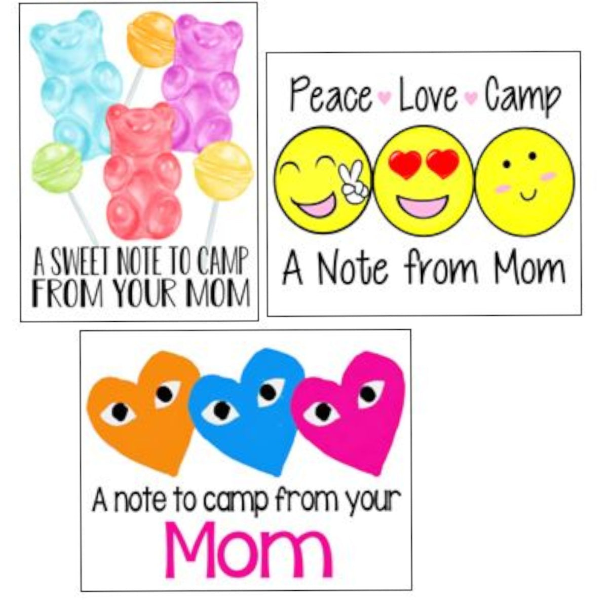 Mom Loves Her Gummies Notecards (PP-6) – letters TO camp notecards (6 cards, 3 designs) for sleepaway/overnight camp by Bee Bee Designs