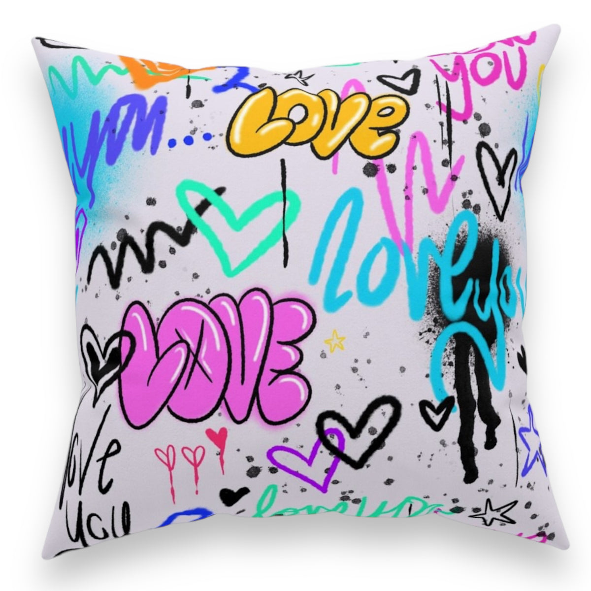 Love You Lots autograph pillow with graffiti-style love text in pink yellow cyan and black with hearts stars and doodles on white background