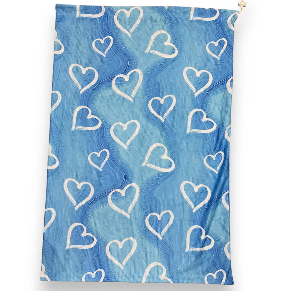 Blue Painted Hearts Camp Mesh Laundry Bag for dirty clothes – summer camp essential, breathable mesh, Bee Bee Designs.