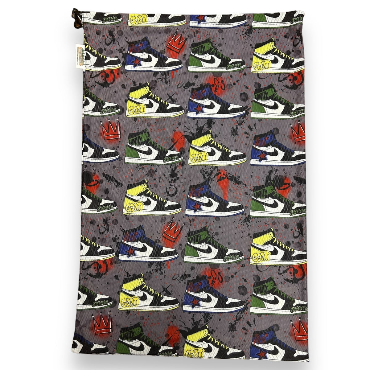 Graffiti Sneakers Camp Mesh Laundry Bag for dirty clothes – summer camp essential, breathable mesh, Bee Bee Designs.