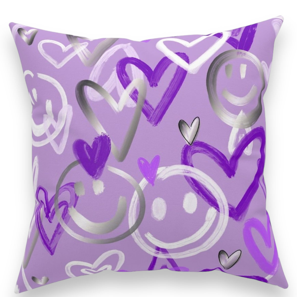 Purple Love Smiley Autograph Pillow with lavender background featuring hand-drawn hearts and smiley faces in purple, white, and gray tones