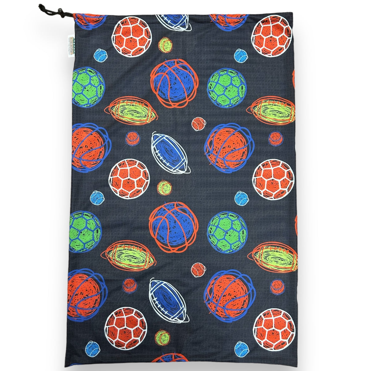 Scribble Sports Camp Mesh Laundry Bag for dirty clothes – summer camp essential, breathable mesh, Bee Bee Designs.